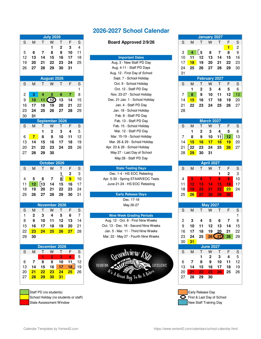 Grandview ISD 2026–2027 academic calendar