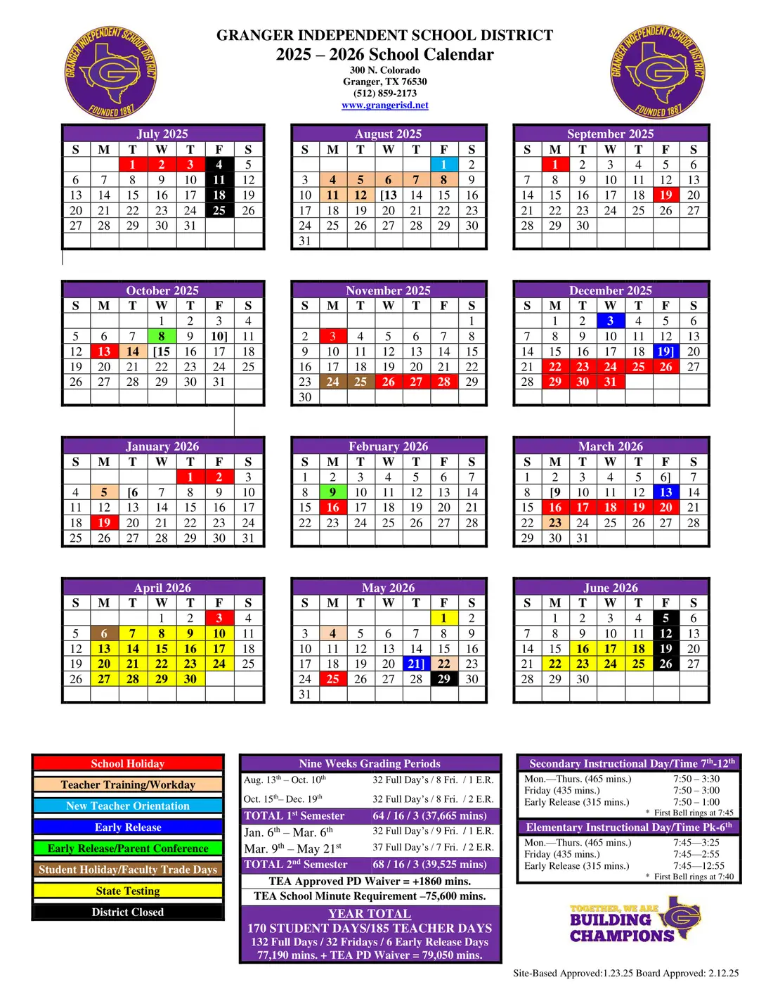 Granger ISD 2026–2027 academic calendar