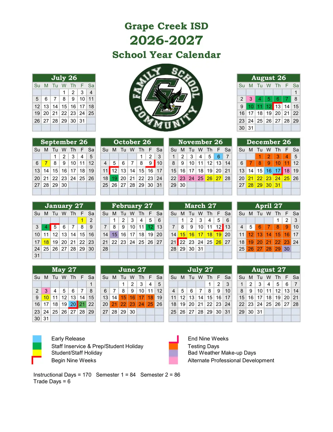 Grape Creek ISD 2026–2027 academic calendar