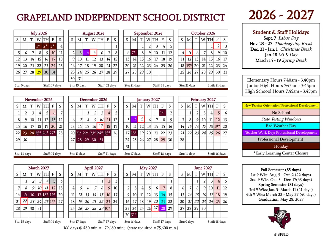Grapeland ISD 2026–2027 academic calendar