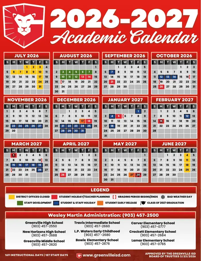 Greenville ISD 2026–2027 academic calendar