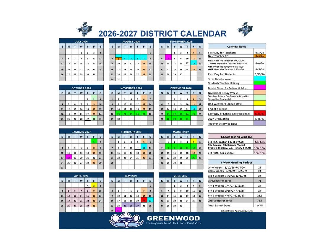 Greenwood ISD 2026–2027 academic calendar
