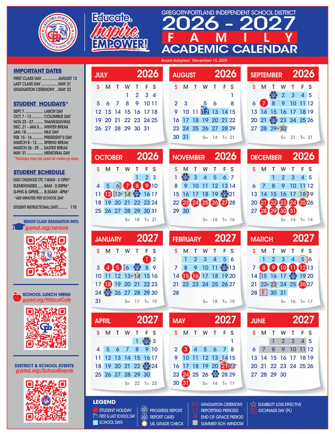 Gregory-portland ISD 2026–2027 academic calendar