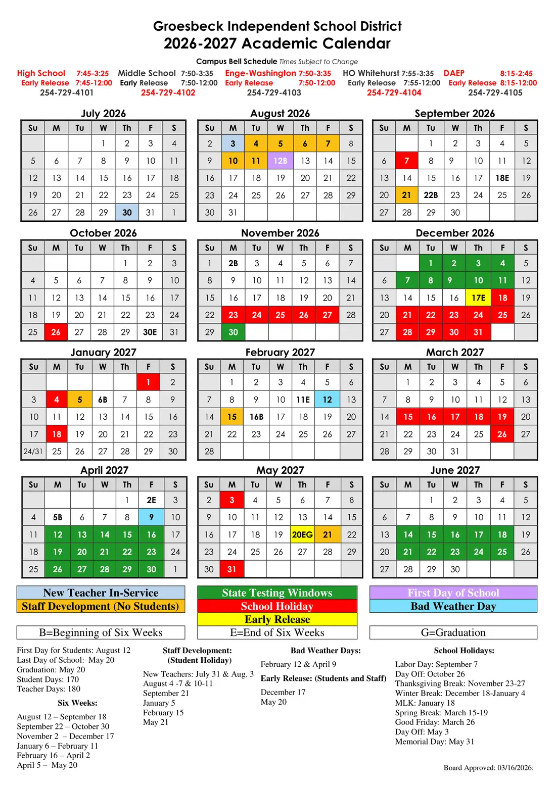 Groesbeck ISD 2026–2027 academic calendar