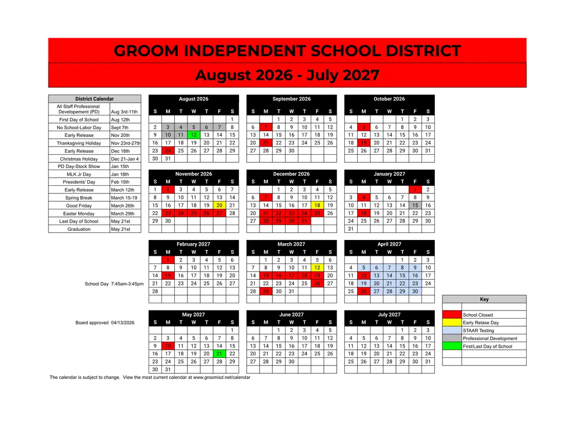 Groom ISD 2026–2027 academic calendar