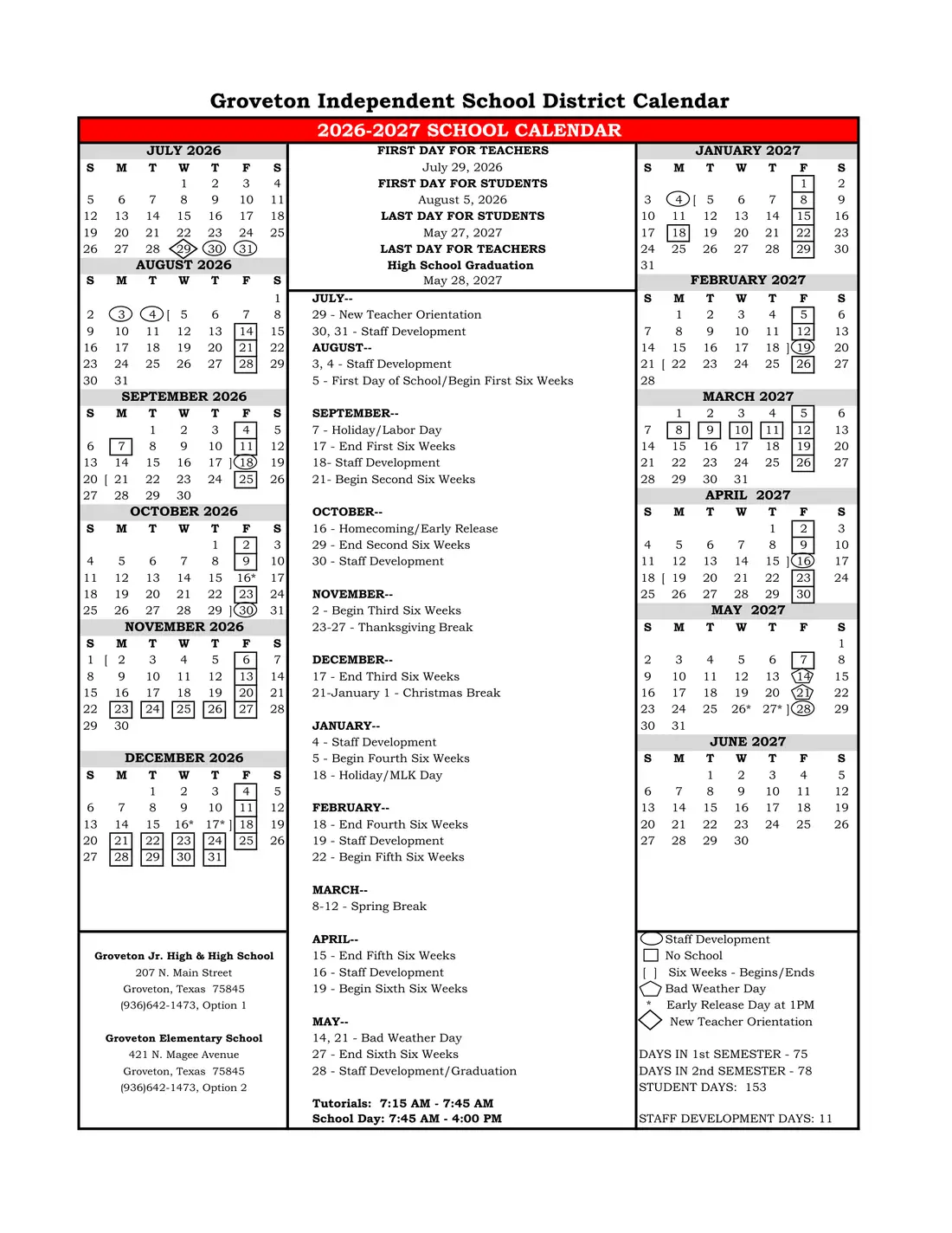 Groveton ISD 2026–2027 academic calendar