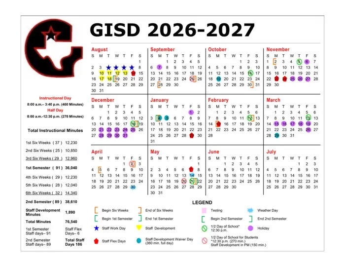 Gruver ISD 2026–2027 academic calendar