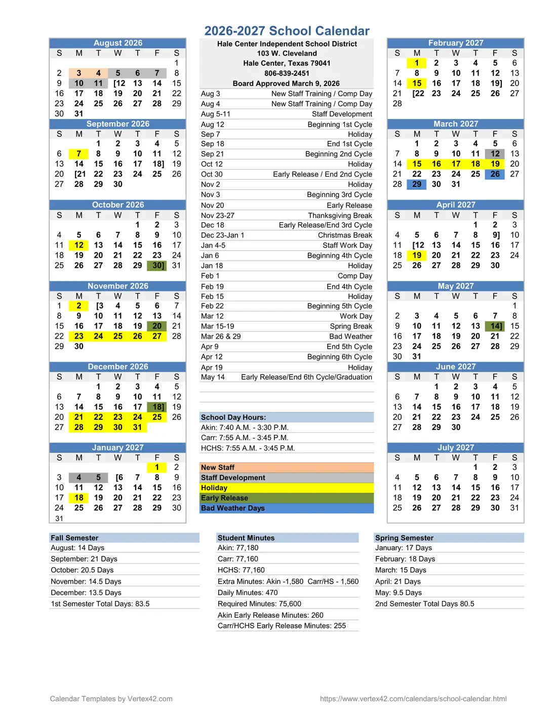 Hale Center ISD 2026–2027 academic calendar