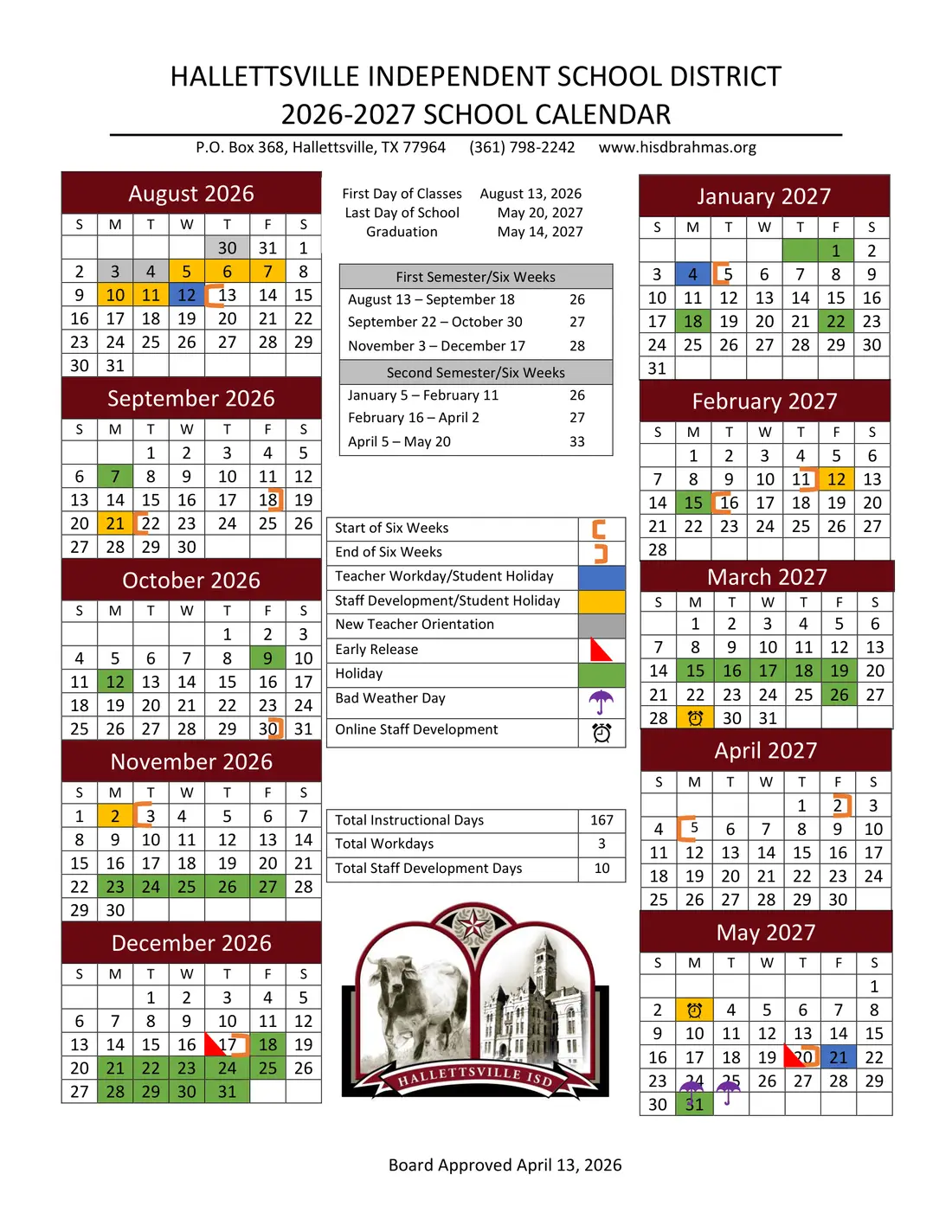 Hallettsville ISD 2026–2027 academic calendar