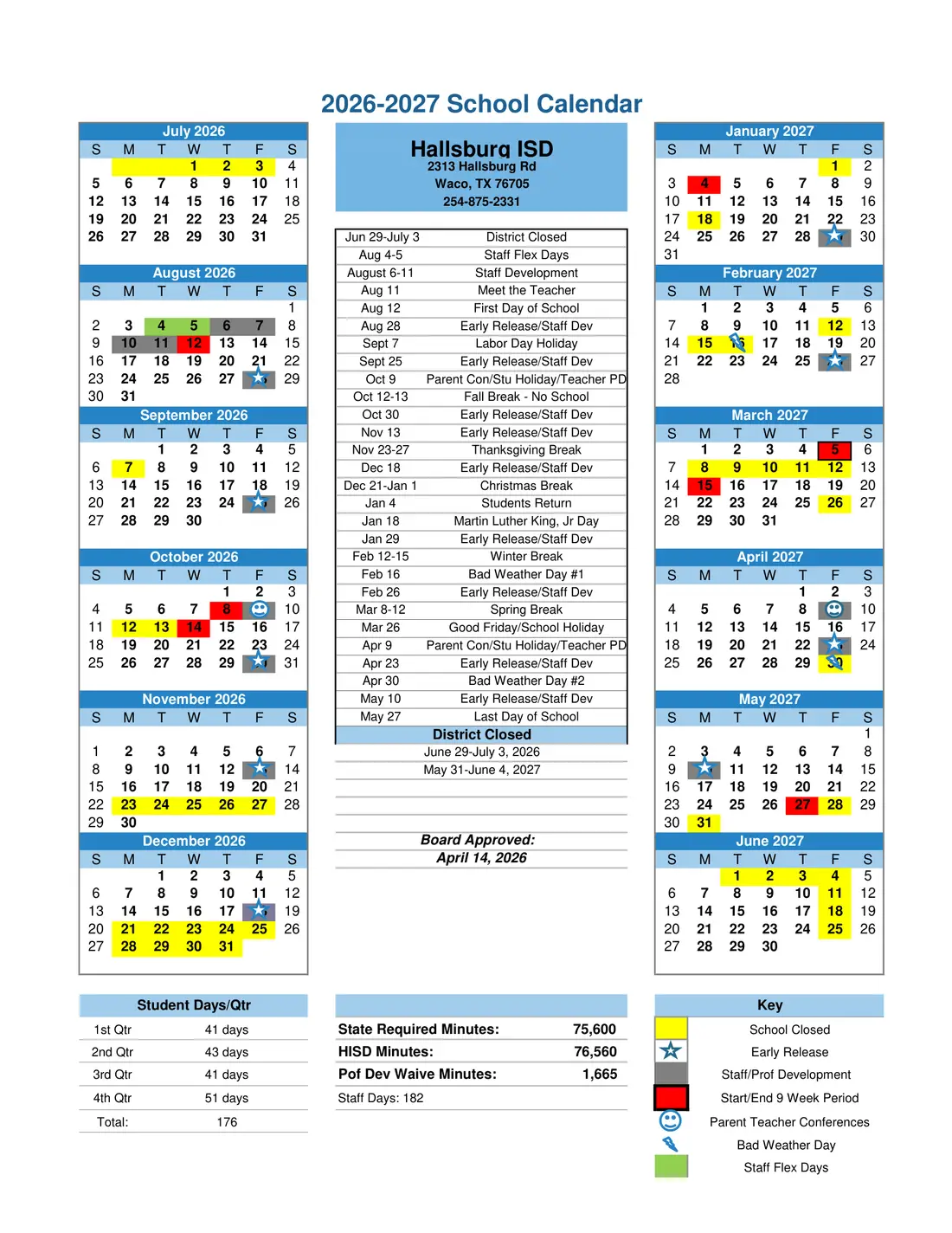 Hallsburg ISD 2026–2027 academic calendar