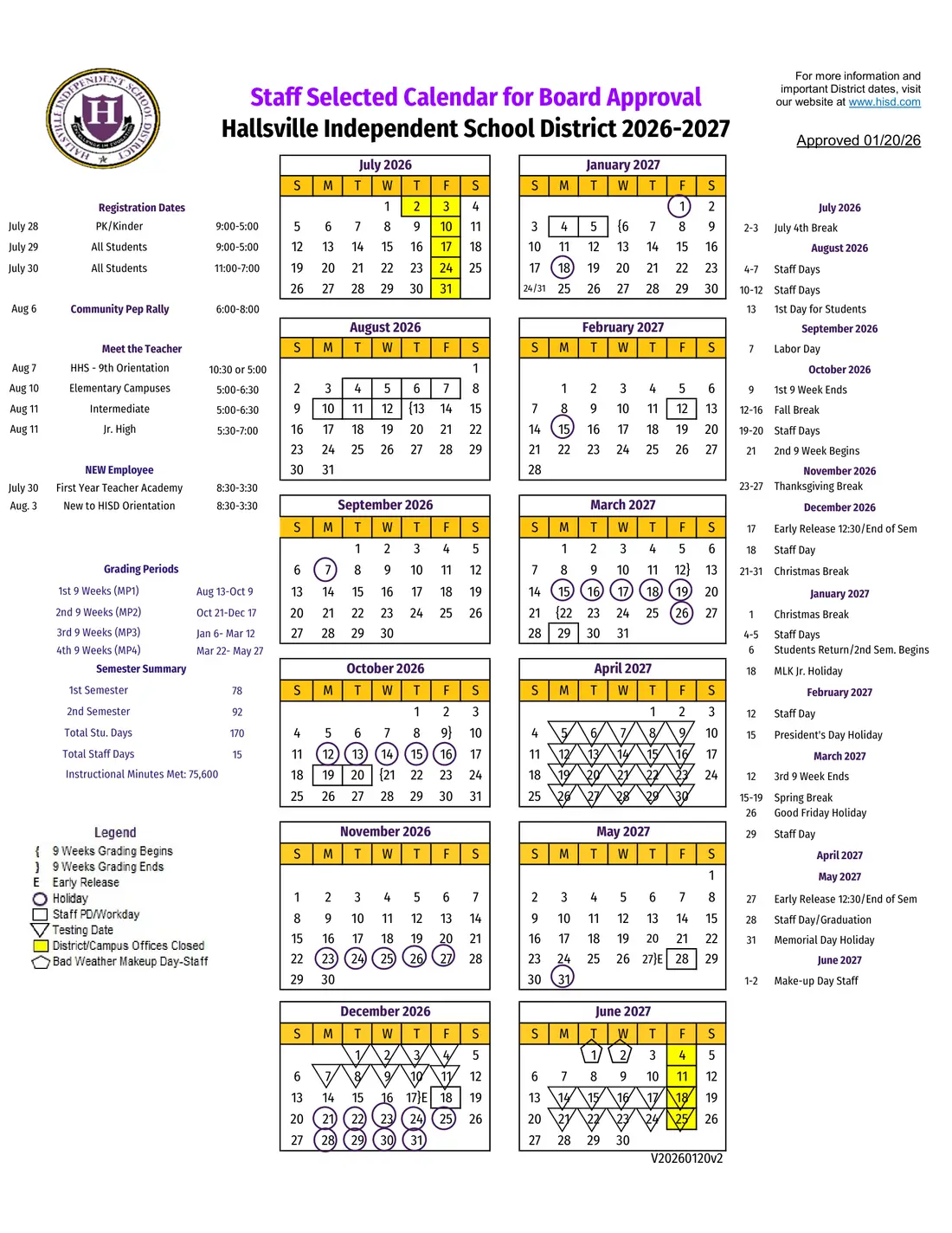 Hallsville ISD 2026–2027 academic calendar
