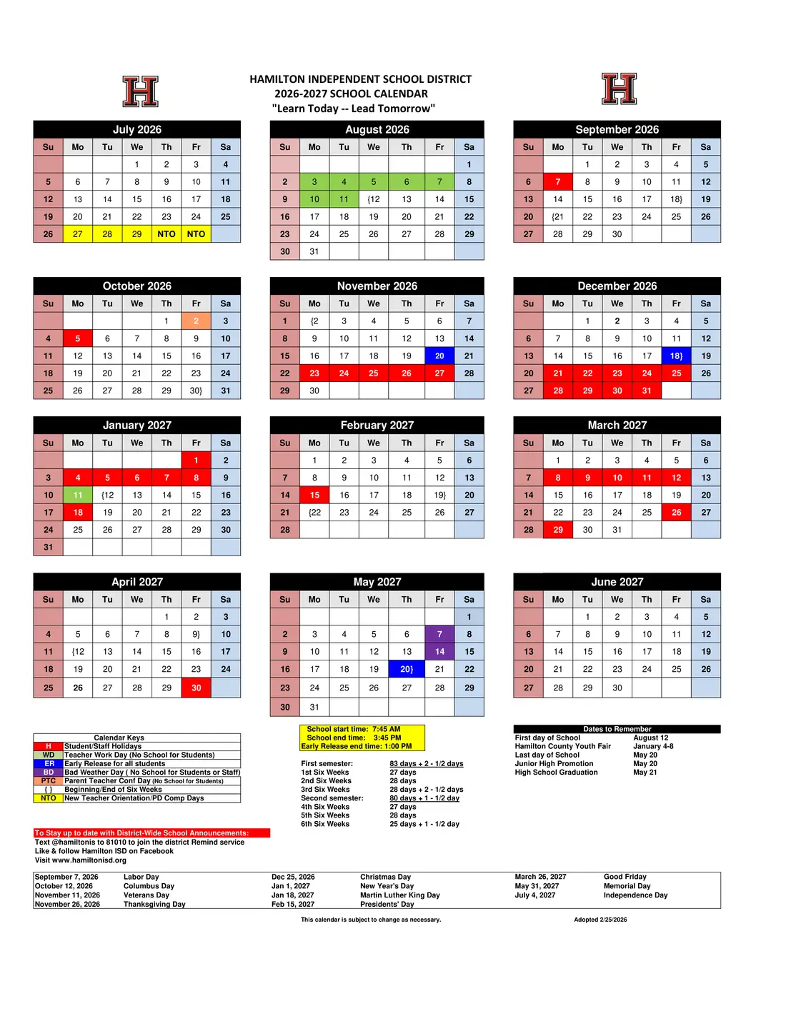 Hamilton ISD 2026–2027 academic calendar