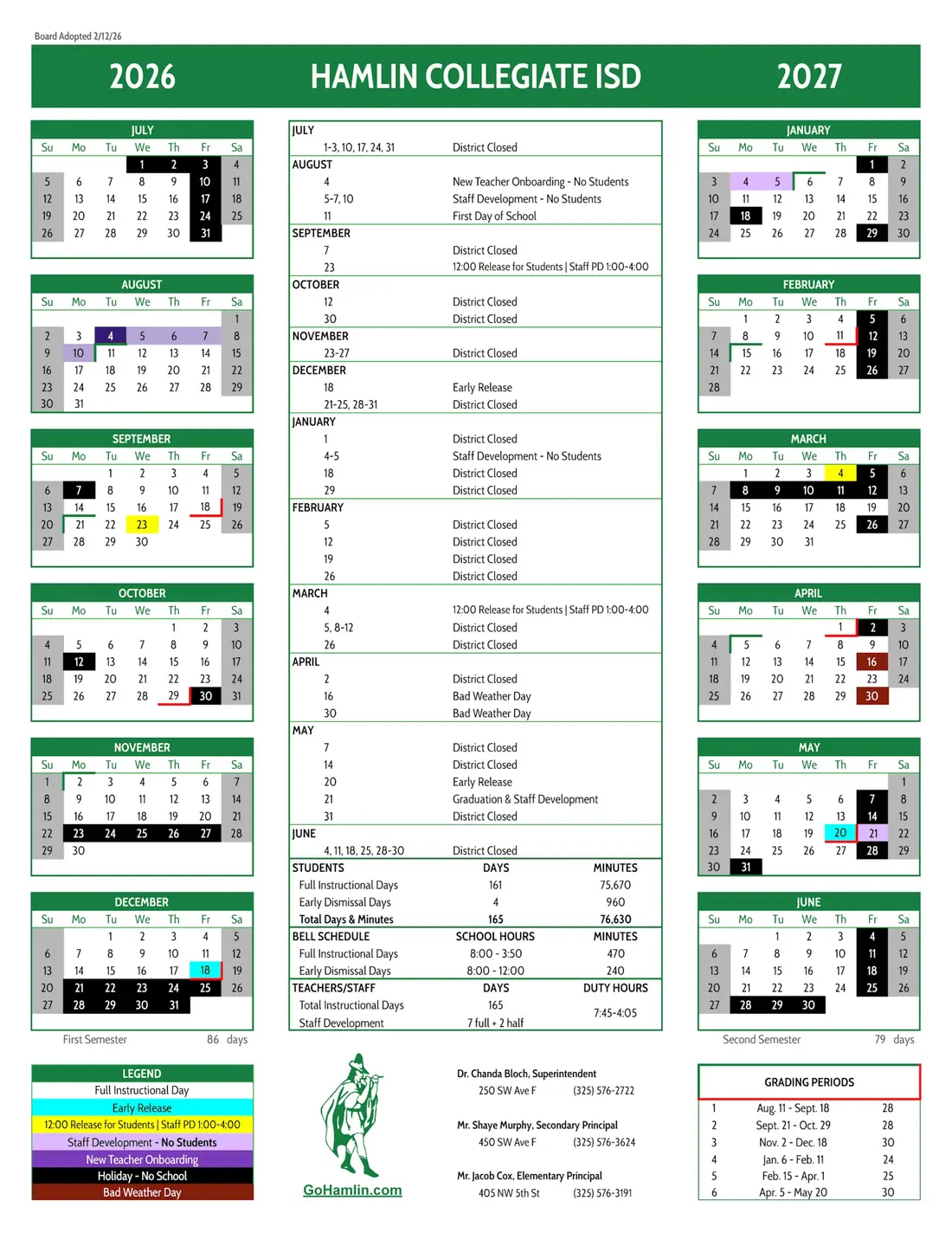 Hamlin Collegiate ISD 2026–2027 academic calendar