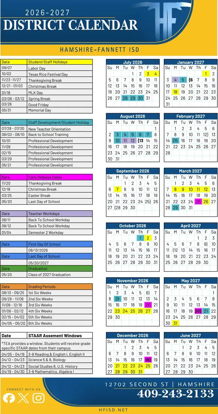 Hamshire-fannett ISD 2026–2027 academic calendar