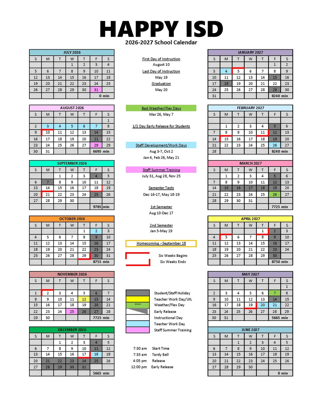 Happy ISD 2026–2027 academic calendar