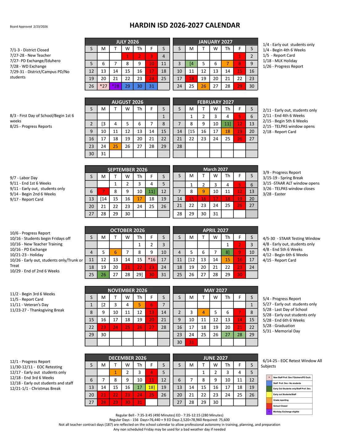 Hardin ISD 2026–2027 academic calendar