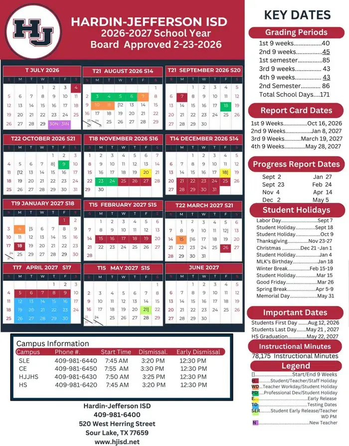 Hardin-jefferson ISD 2026–2027 academic calendar
