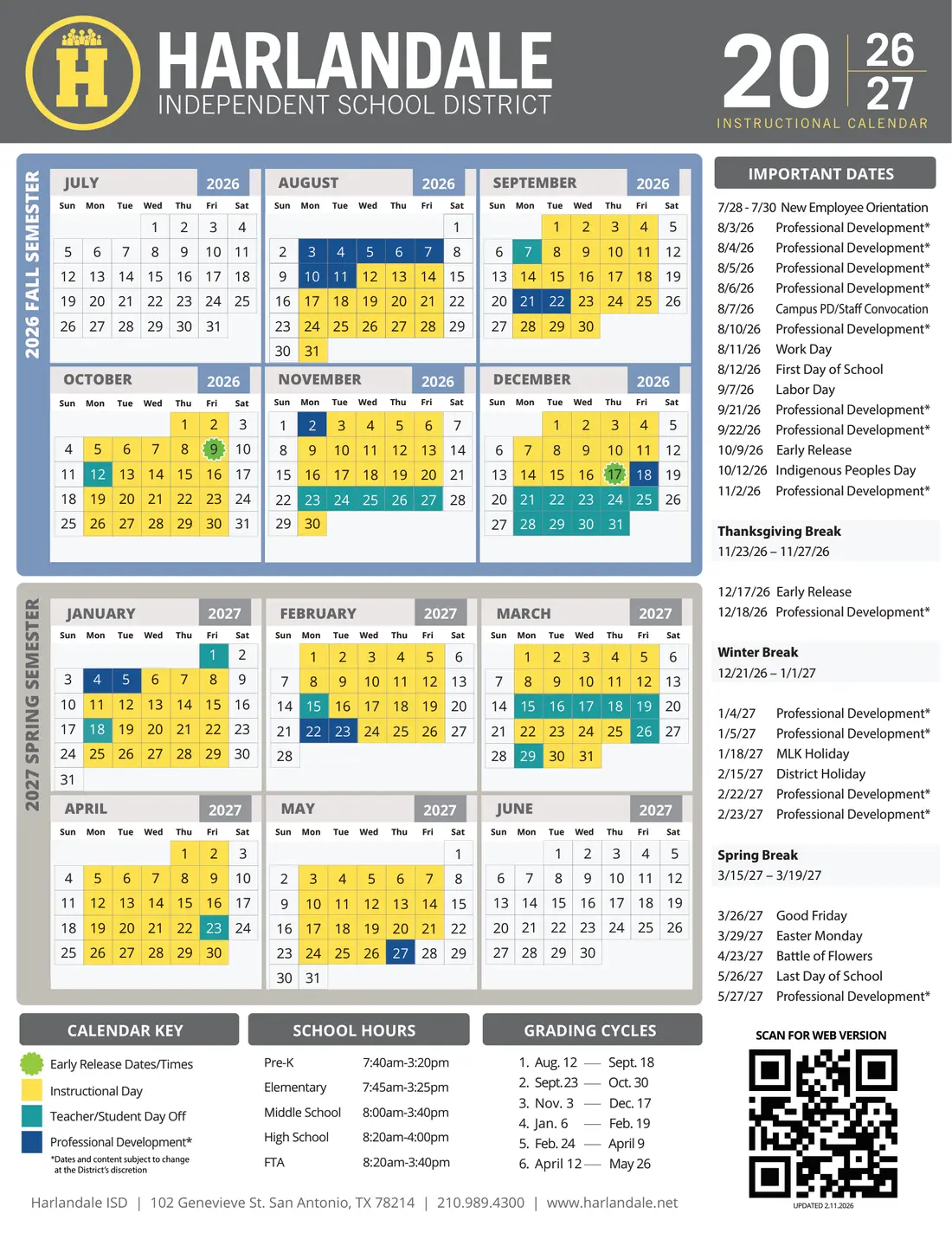 Harlandale ISD 2026–2027 academic calendar