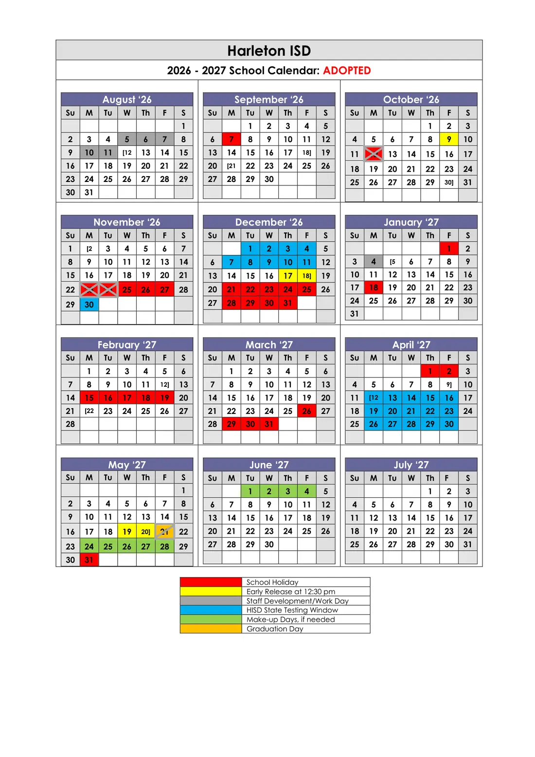 Harleton ISD 2026–2027 academic calendar