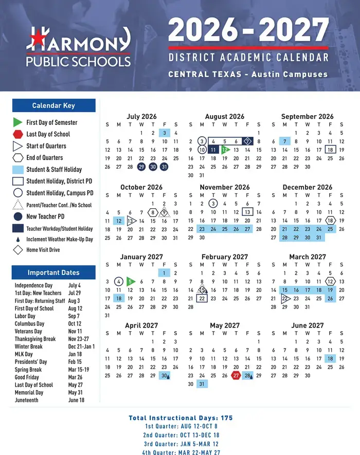 Harmony Public Schools - Central Texas 2026–2027 academic calendar