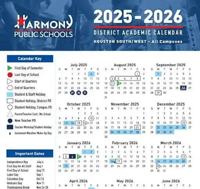 Harmony Public Schools - Houston South 2026–2027 academic calendar