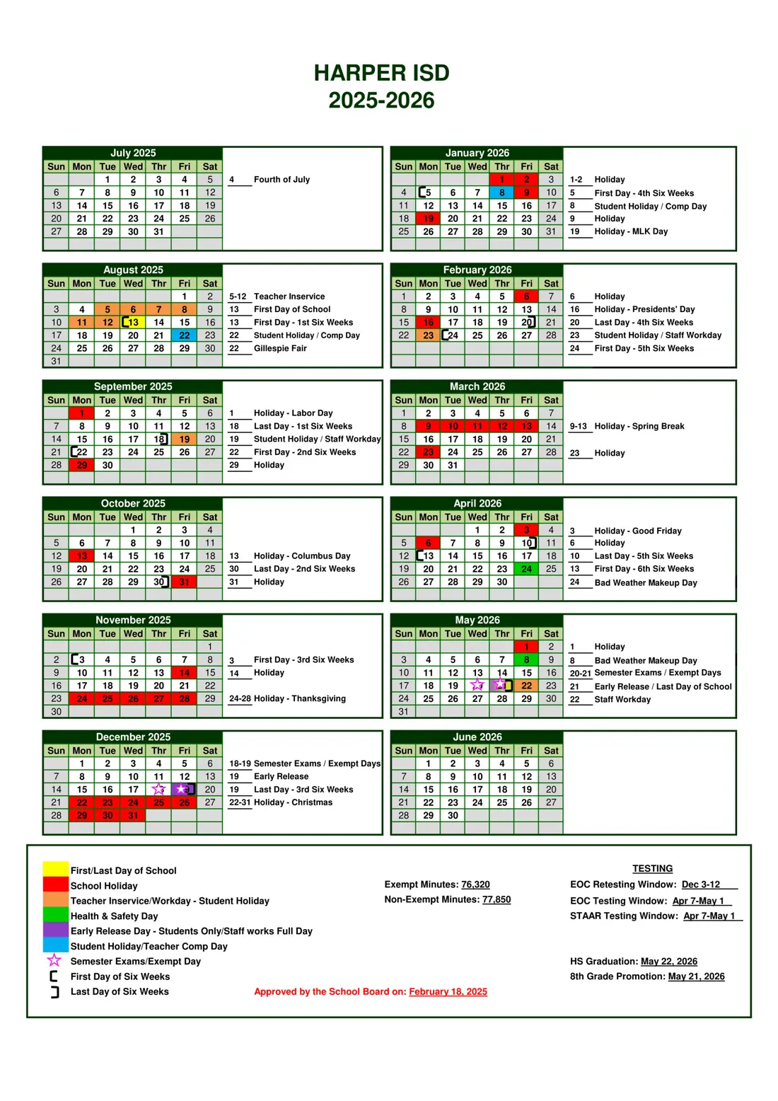 Harper ISD 2026–2027 academic calendar