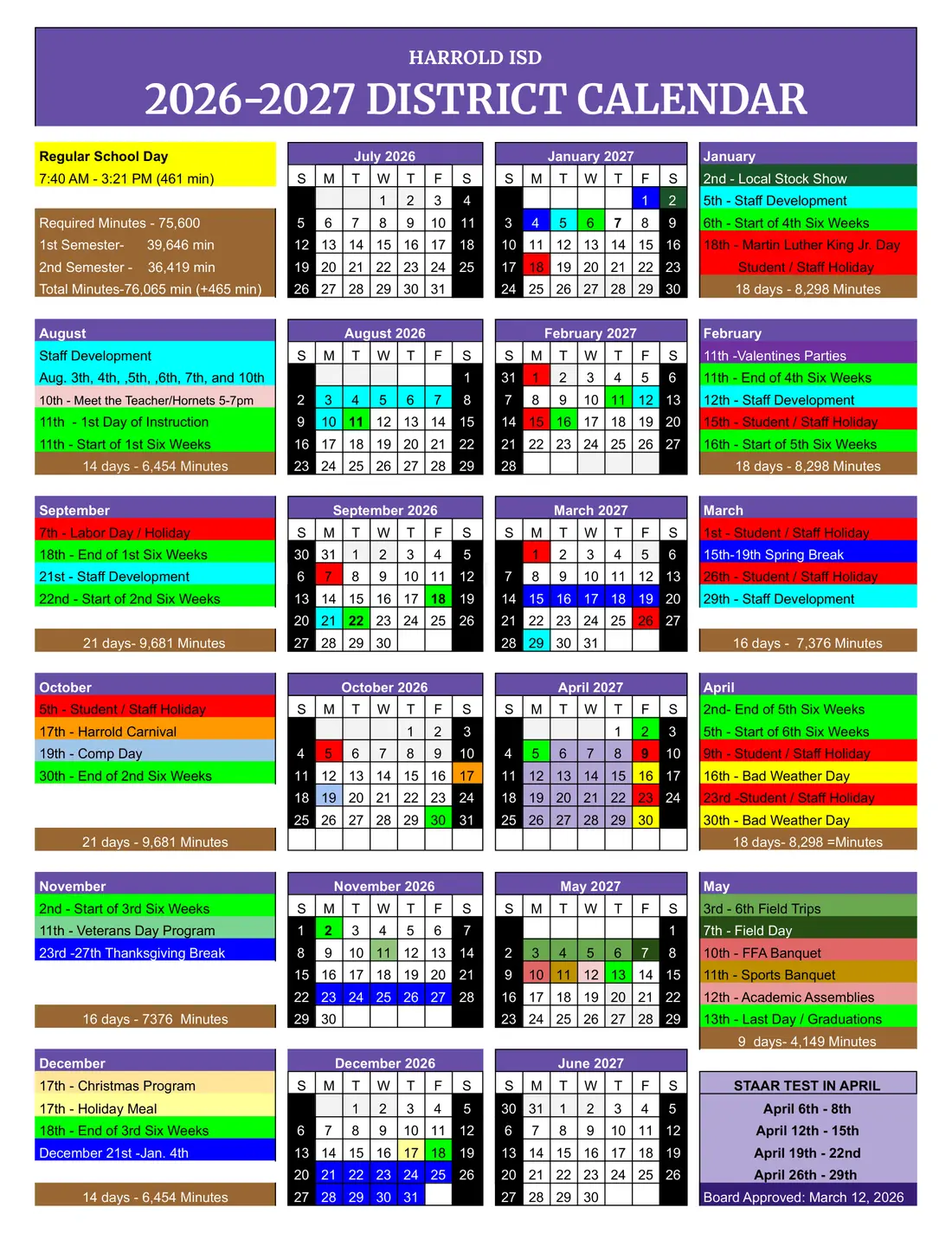 Harrold ISD 2026–2027 academic calendar
