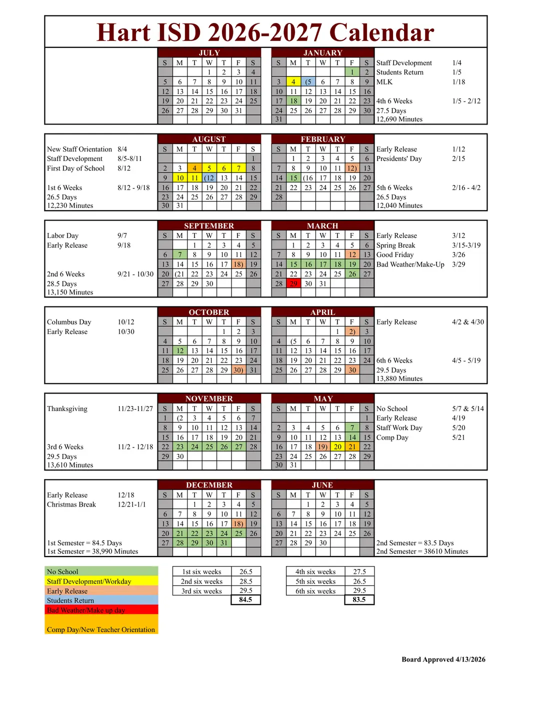 Hart ISD 2026–2027 academic calendar