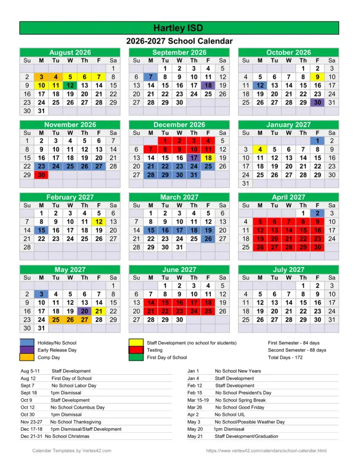 Hartley ISD 2026–2027 academic calendar