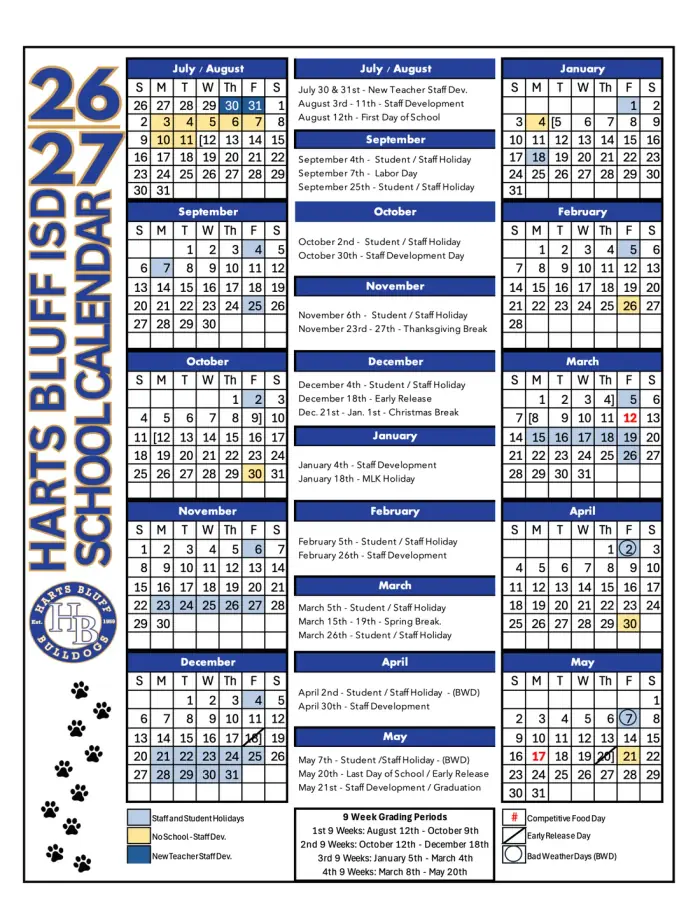 Harts Bluff ISD 2026–2027 academic calendar