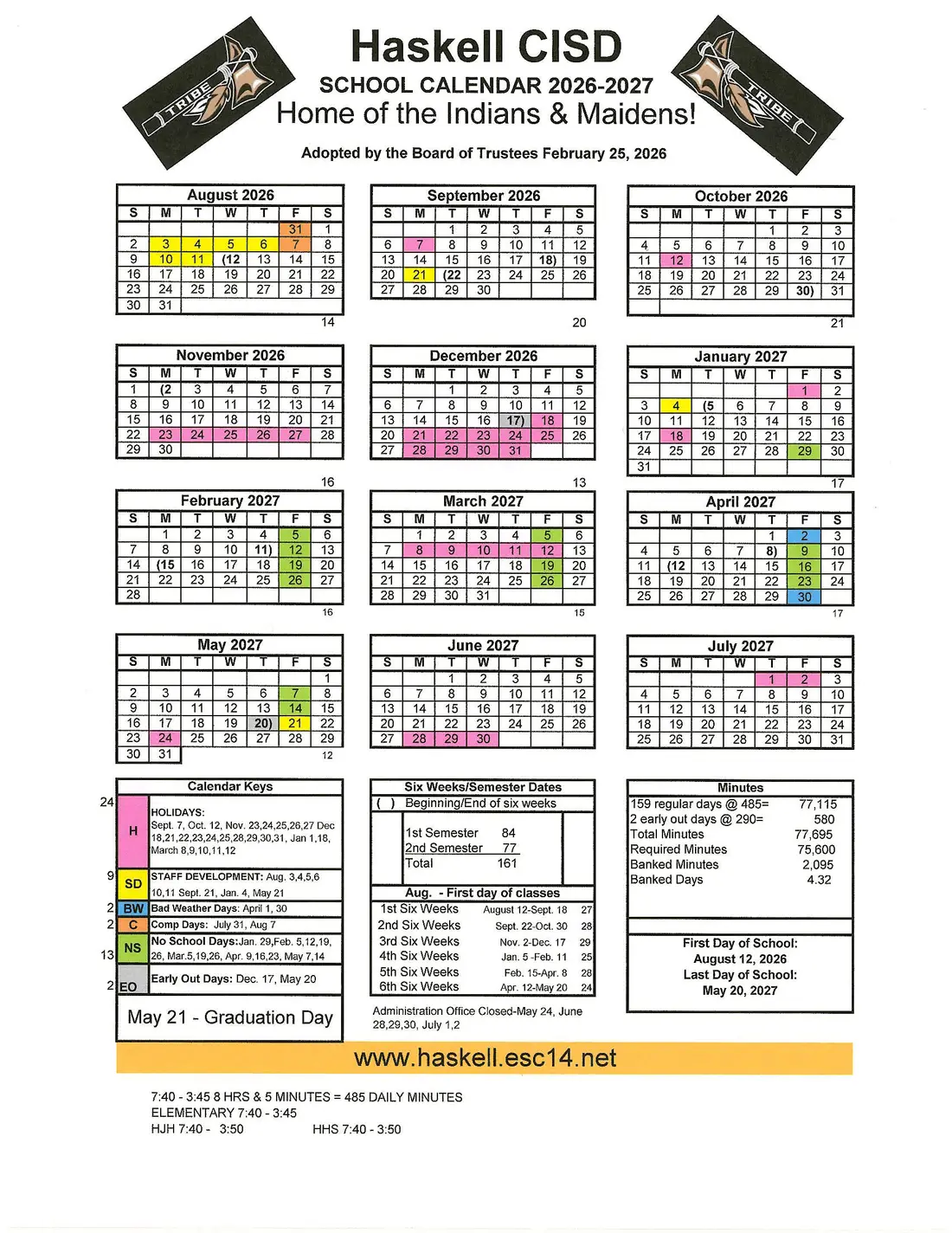 Haskell CISD 2026–2027 academic calendar