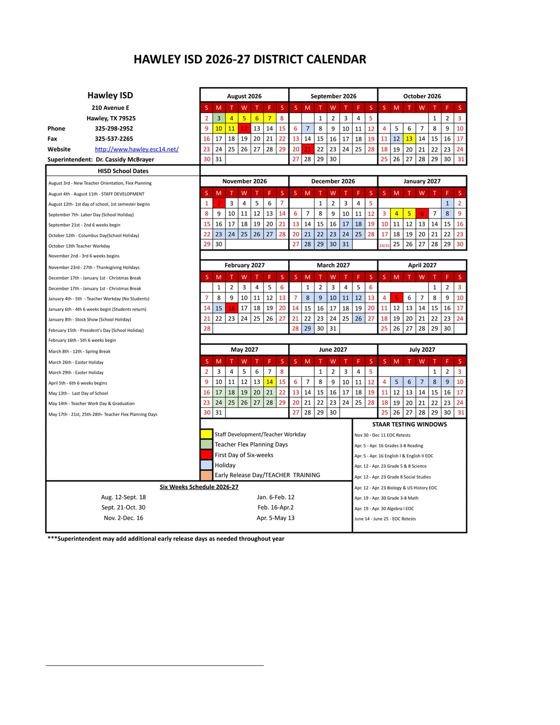 Hawley ISD 2026–2027 academic calendar