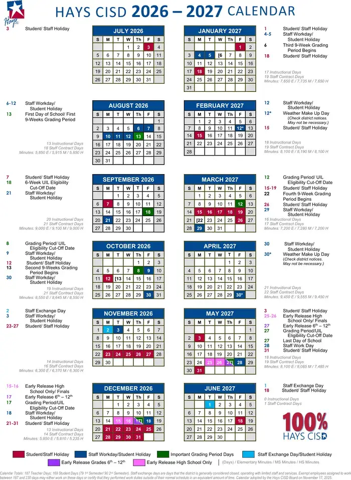 Hays CISD 2026–2027 academic calendar
