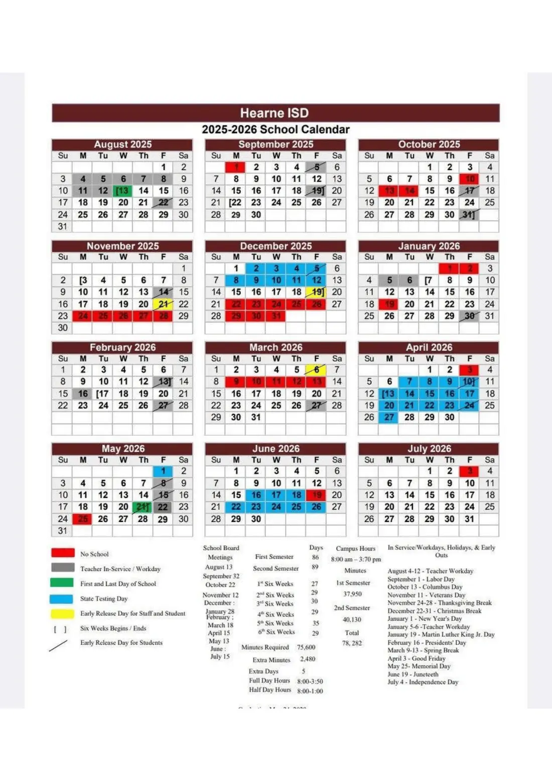 Hearne ISD 2026–2027 academic calendar