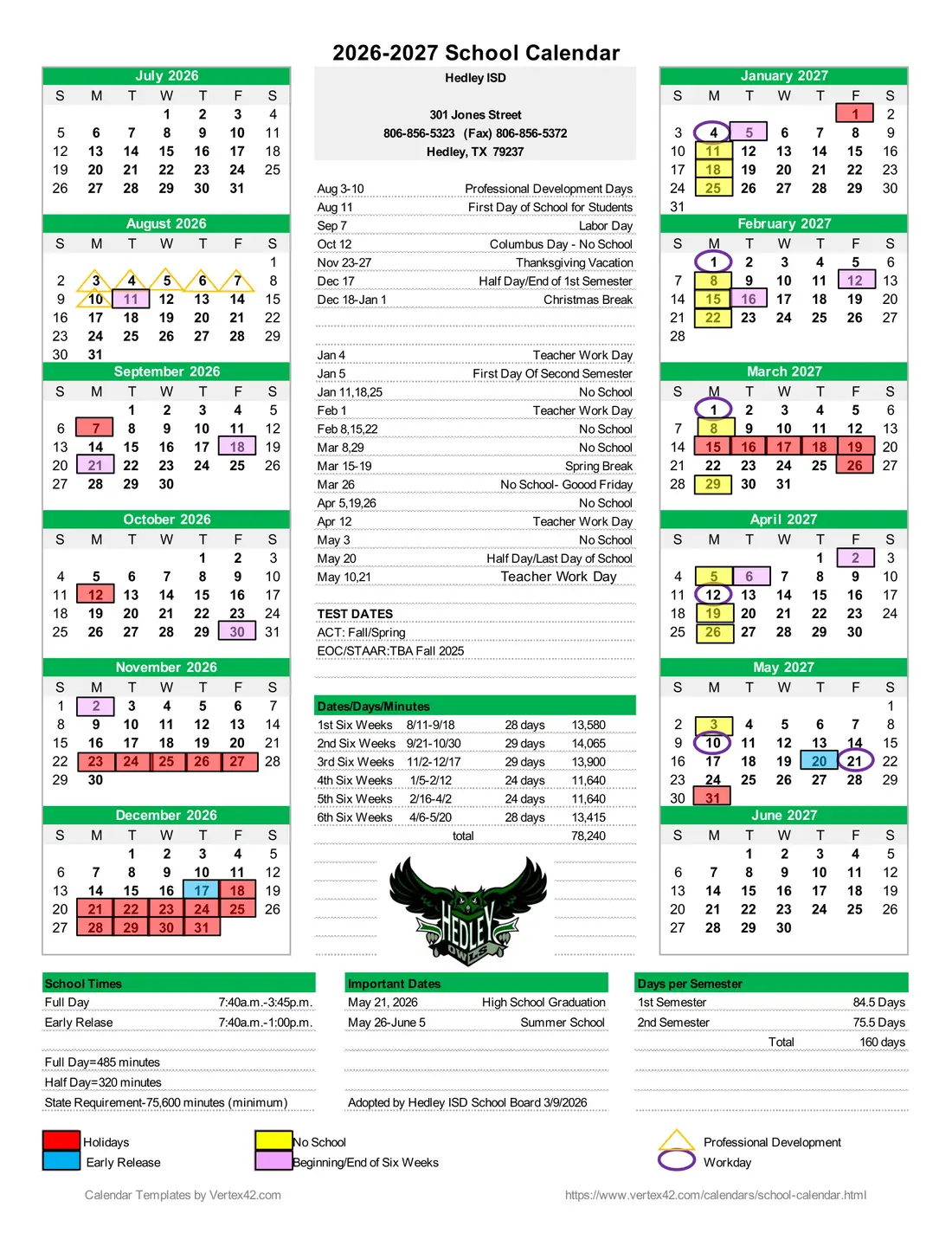 Hedley ISD 2026–2027 academic calendar