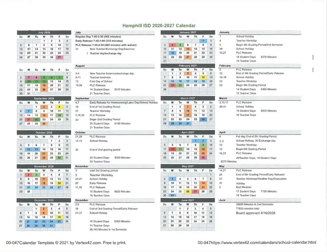 Hemphill ISD 2026–2027 academic calendar