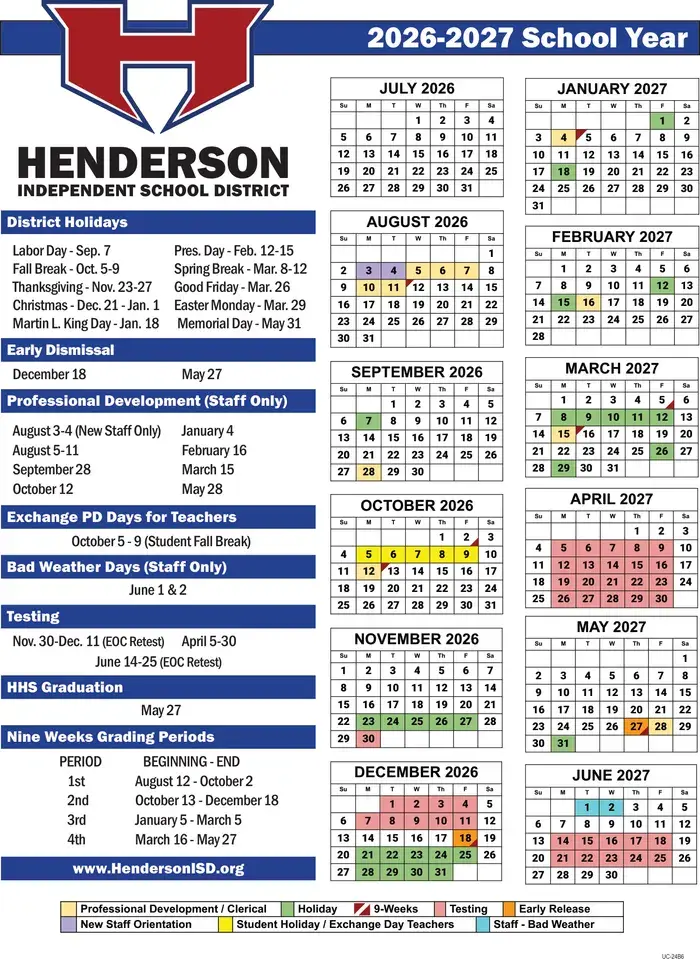 Henderson ISD 2026–2027 academic calendar