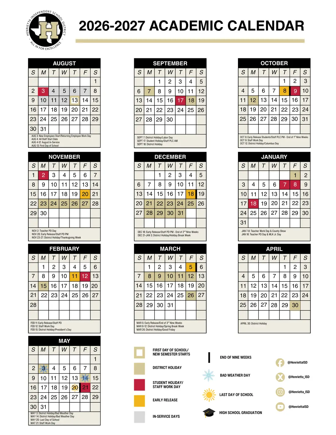Henrietta ISD 2026–2027 academic calendar