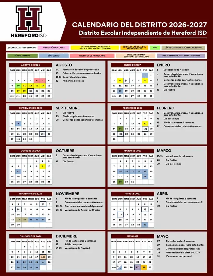 Hereford ISD 2026–2027 academic calendar