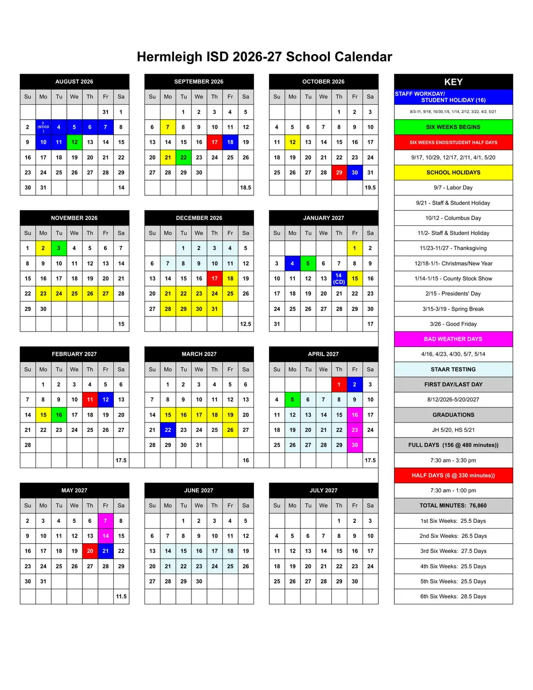 Hermleigh ISD 2026–2027 academic calendar