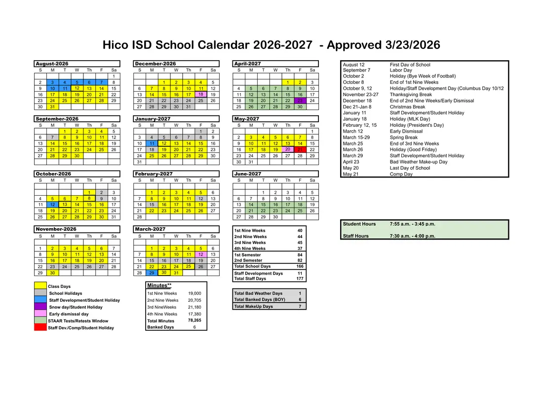 Hico ISD 2026–2027 academic calendar