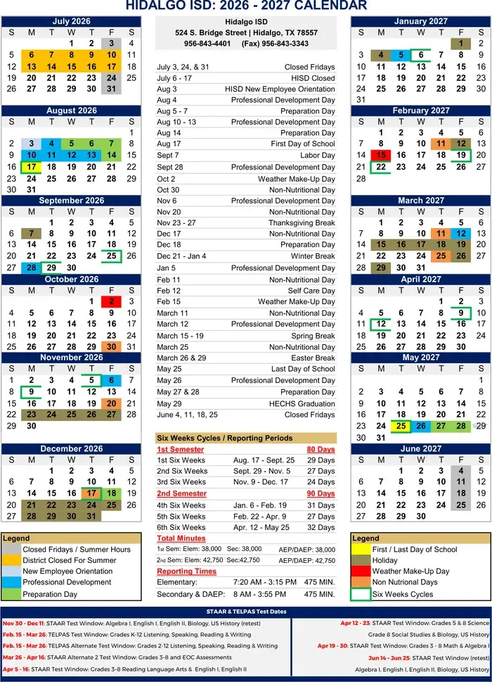 Hidalgo ISD 2026–2027 academic calendar