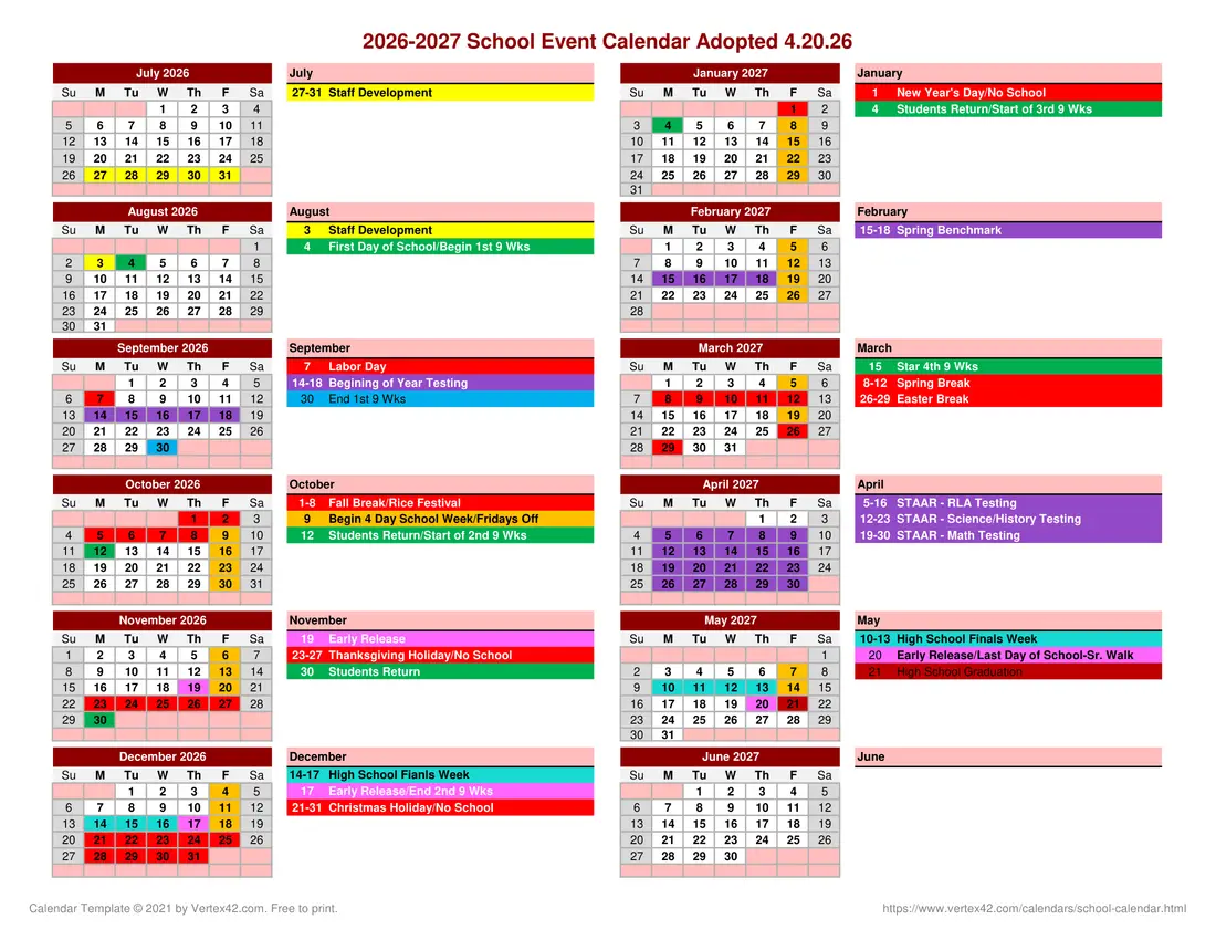 High Island ISD 2026–2027 academic calendar