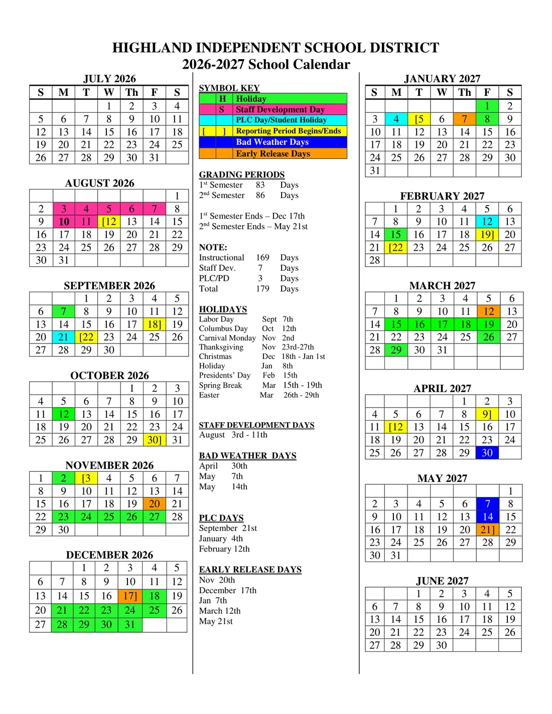 Highland ISD 2026–2027 academic calendar