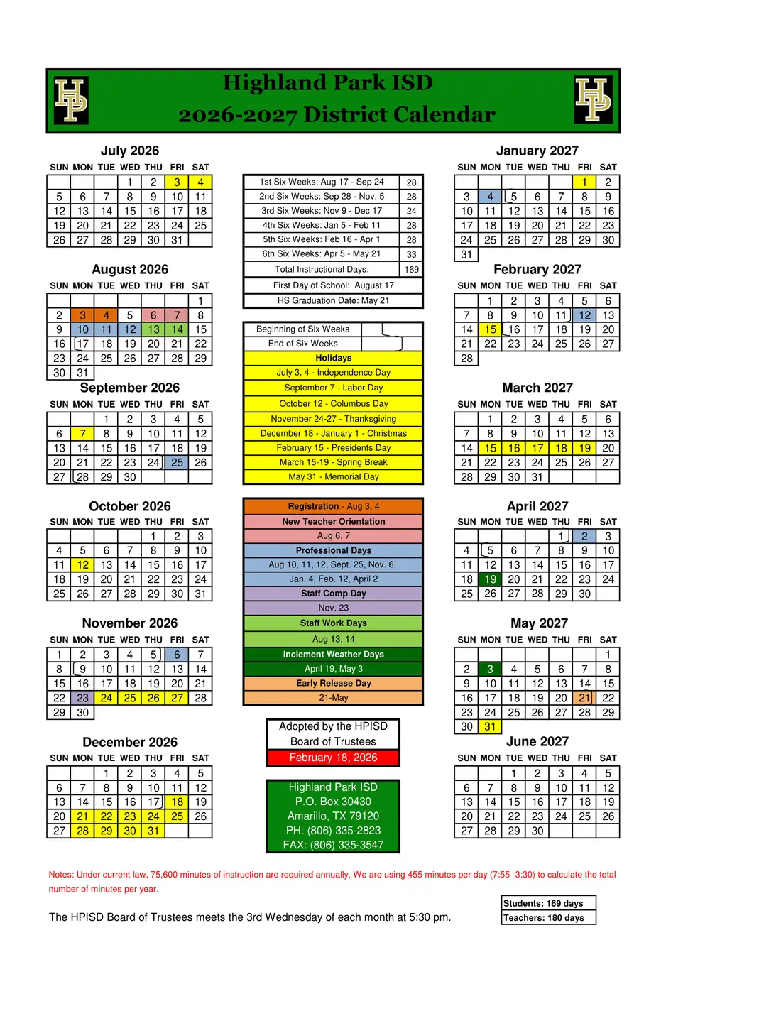 Highland Park ISD 2026–2027 academic calendar