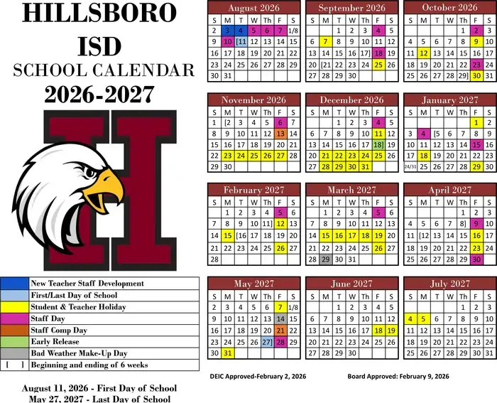 Hillsboro ISD 2026–2027 academic calendar