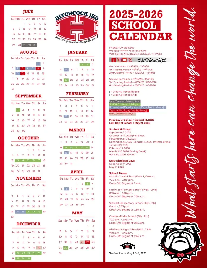 Hitchcock ISD 2026–2027 academic calendar