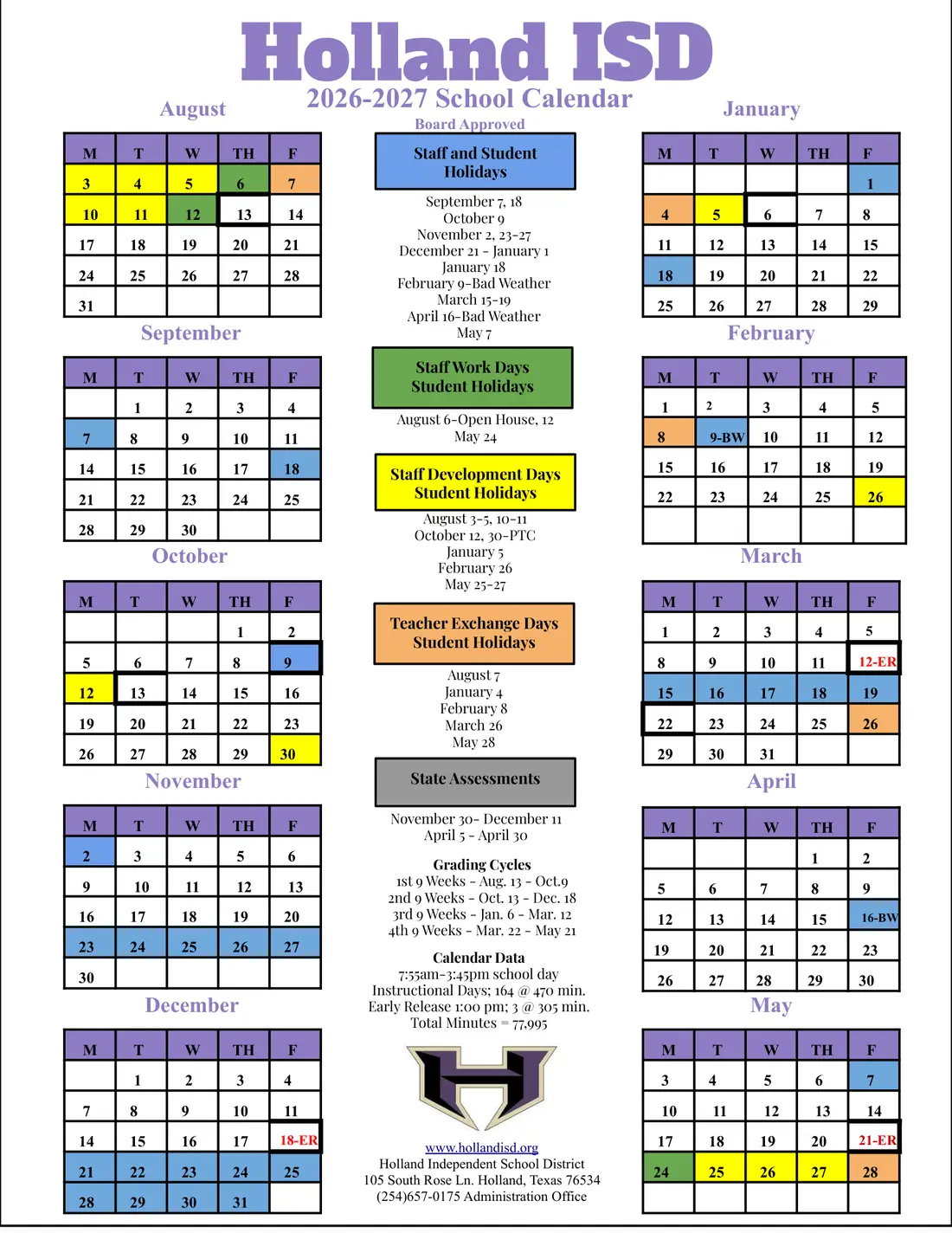 Holland ISD 2026–2027 academic calendar