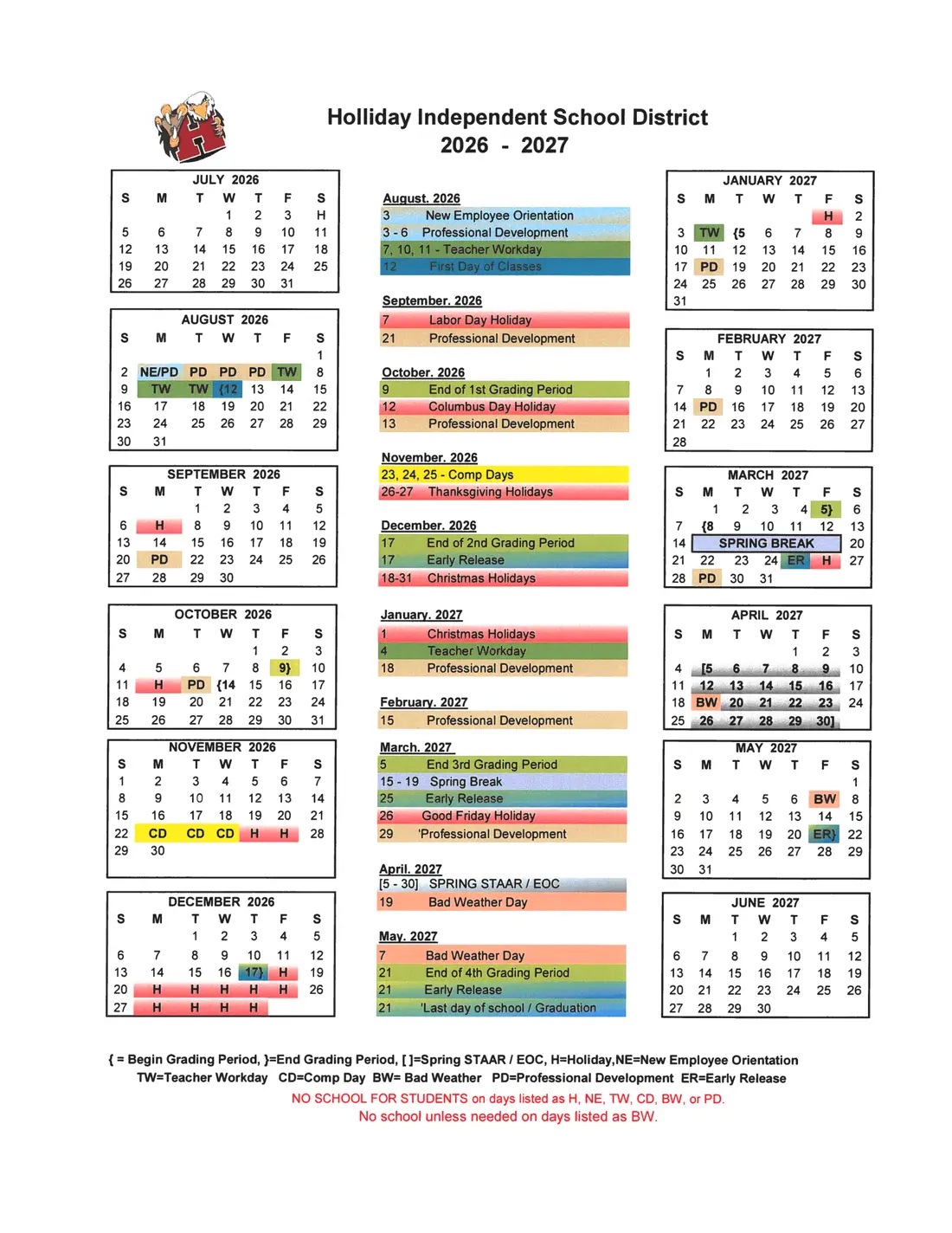 Holliday ISD 2026–2027 academic calendar