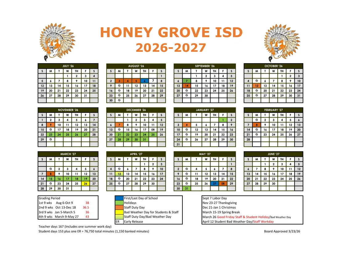 Honey Grove ISD 2026–2027 academic calendar